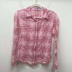 J. Mclaughlin pink white plaid button down shirt 10